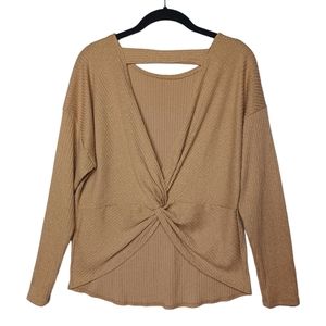 URBAN EPISODE Gold Shimmer Ribbed Tan Long Sleeve Twist Open Back Top Large